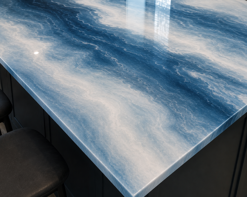 Custom 3D ocean blue metallic epoxy resin kitchen island countertop with hand-poured white wave swirls