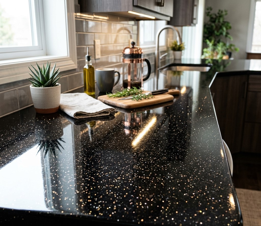 Refurbished high gloss black sparkle epoxy countertop with metallic shimmer in kitchen setting
