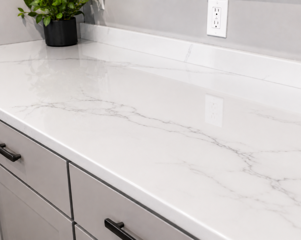 Refurbished signature white marble epoxy countertop refinishing with soft grey veining