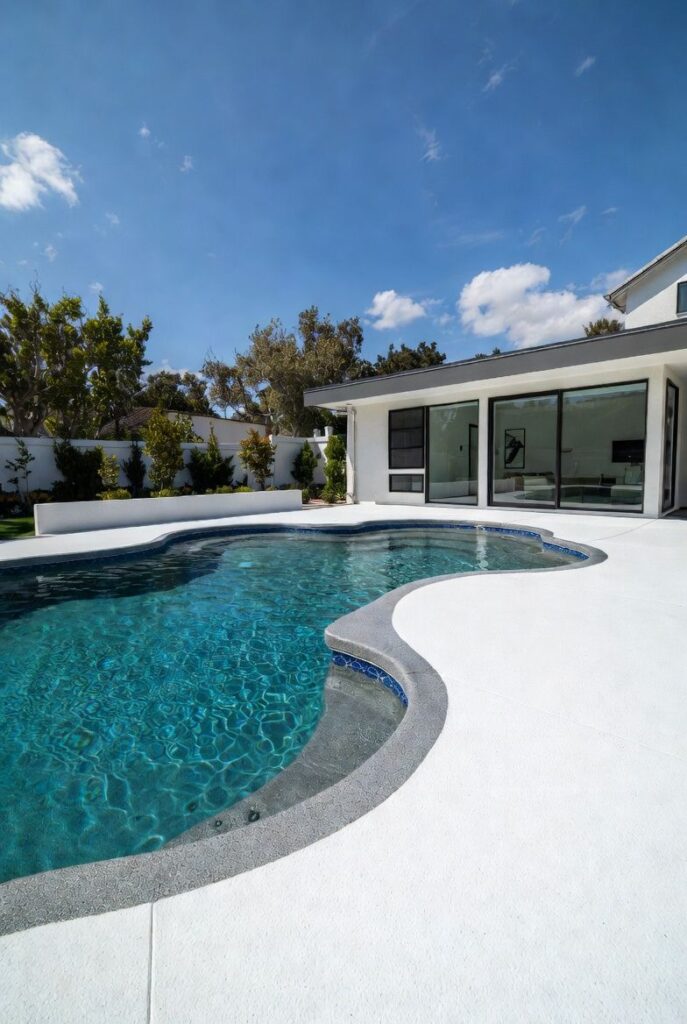 Slip-resistant epoxy quartz flooring installed around a backyard pool deck on Vancouver Island.