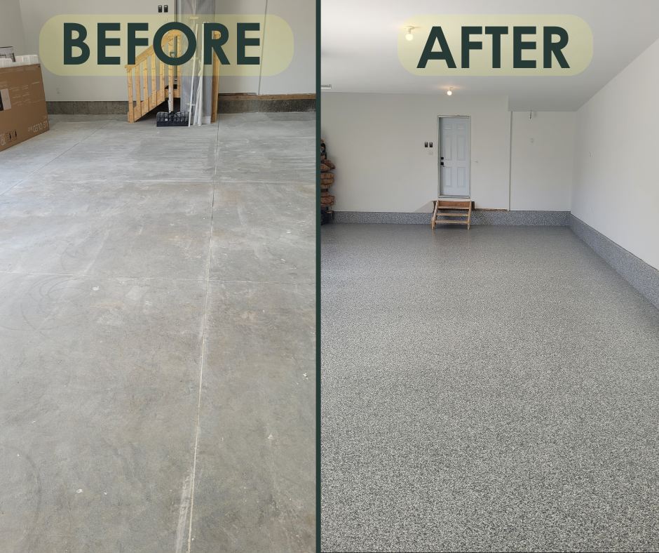 Before and after concrete floor restoration showing polyaspartic flake coating in a garage on Vancouver Island.